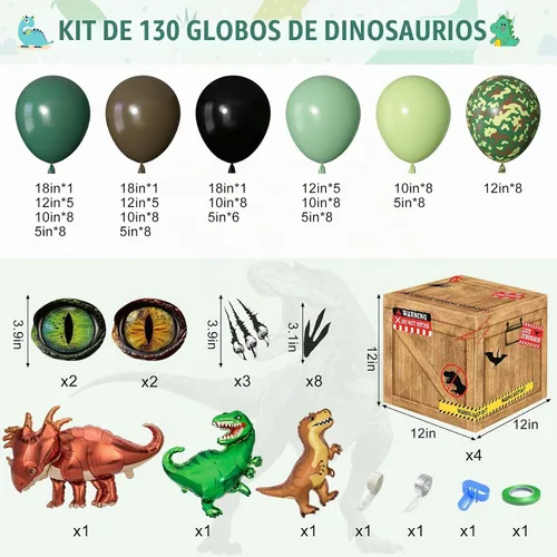 Vista 2 de Decoraciones de fiesta de cumpleaños de dinosaurios con 4 cajas temáticas de dinosaurios verde, marrón y negro, kit de arco de globos de papel