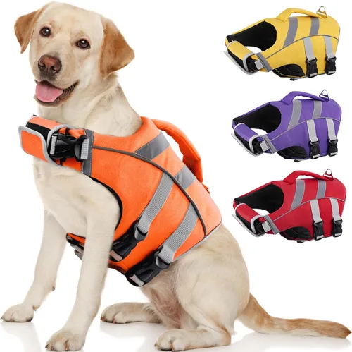 Vista 17 de Kuoser Chaleco salvavidas reflectante para perro, chaleco salvavidas para nadar y navegar Chalecos salvavidas ajustables para mascotas, traje