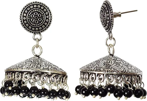 Vista 2 de DESI HAWKER Pendiente oxidado de plata Bali Jhumki Jhumka Joyería Bollywood gota cuelga lámpara plana NI-10, Metal