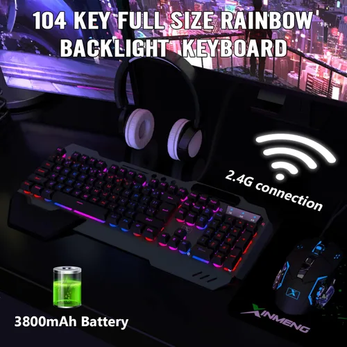 Vista 5 de Combo de teclado y mouse inalámbricos para juegos, teclado con retroiluminación LED arcoíris recargable con batería de 3,800 mAh, panel de metal