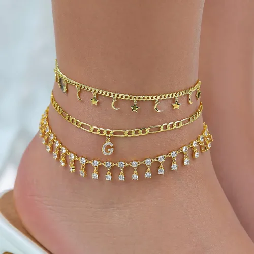 Vista 4 de Tobillera de oro para mujer, chapada en oro de 18 quilates, cadena de la suerte con estrella de la suerte para mujer, tobillera impermeable