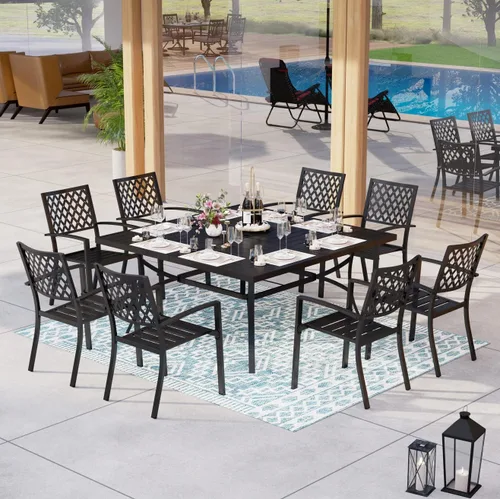 Vista 2 de MFSTUDIO Juego de comedor al aire libre para 8, juego de mesa y sillas de metal para patio, juego de muebles de patio de 9 piezas, juego de comedor