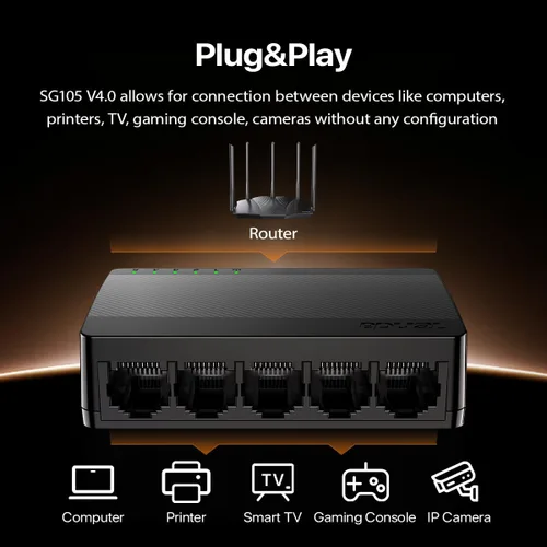 Vista 3 de Tenda Conmutador Ethernet Gigabit no administrado de 5 puertos, divisor Ethernet, concentrador de red, 5 puertos de 10/100/1000Mbps, Plug & Play