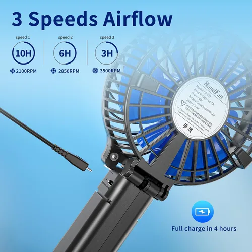 Vista 4 de HandFan Ventilador de mano portátil con cargador de batería, ventiladores de mano recargables, viento súper fuerte de 3 velocidades, mini ventilador