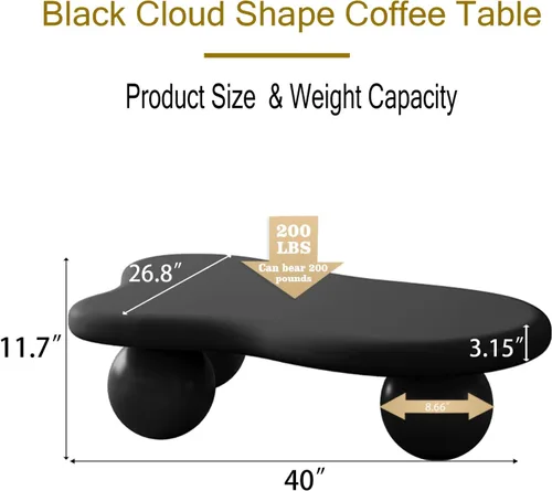 Vista 2 de Mesa de centro negra de 40 pulgadas, moderna mesa de centro baja de piedra sintética, con 3 patas de bola, mesas de té irregulares para sala