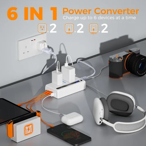 Vista 3 de TESSAN Adaptador de viaje universal con salida de CA dual (tipo C G A I) y convertidor de voltaje de 220 V a 110 V con 4 puertos USB (2 USB C), 2