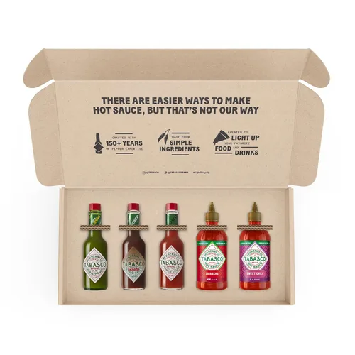 Vista 4 de TABASCO Marca Paquete de Variedad de Salsa Picante, Set de Regalo Incluye Cinco Botellas de Vidrio y Exprimibles de Salsa Picante Tabasco, Perfecto