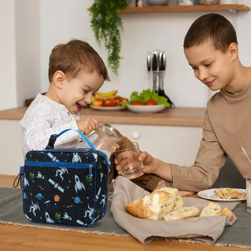 Vista 6 de MEXS Bolsa de almuerzo para niños, lonchera aislada para niñas y niños, lonchera duradera (ajustable) con soporte para botella de agua/forro