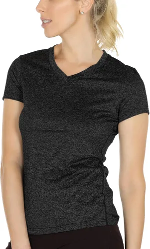Vista 2 de Icyzone - Camisetas deportivas de cuello en V y manga corta para mujer, ropa de entrenamiento para yoga, correr, acondicionamiento físico y deportes