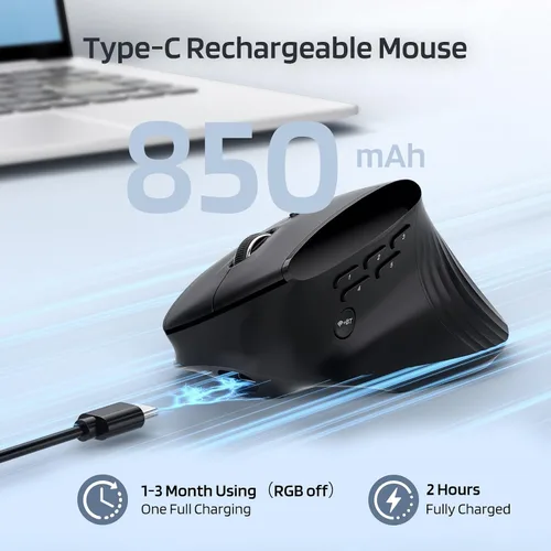 Vista 4 de LTC GM051 Ratón ergonómico vertical inalámbrico – 8K DPI óptico, 9 botones programables (5 lados), recargable 850mAh, Bluetooth