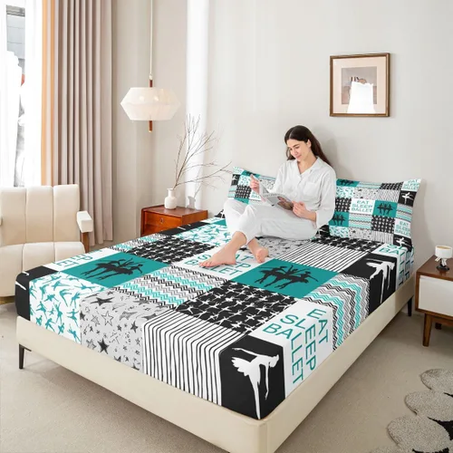 Vista 3 de Sábana bajera ajustable de ballet para niñas, juego de ropa de cama de ballet para danza de ballet, sábanas de cama con rayas geométricas onduladas