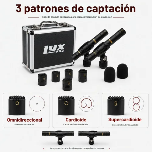 Vista 3 de LyxPro SDPC-2 Par Estéreo de Micrófonos de Condensador Tipo Lápiz/Vara para Instrumentos, Cápsulas Intercambiables Omni, Cardioide y Súper Cardioide