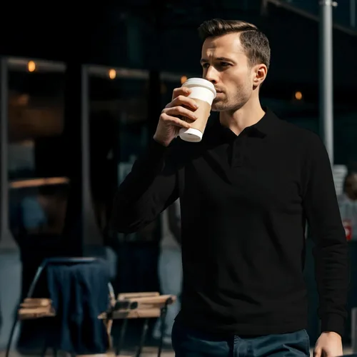 Vista 2 de Camisa estilo Polo de manga larga Premium Wear para hombre, camisa de golf de mezcla de algodón con cuello, solapa de 3 botones, resistente a