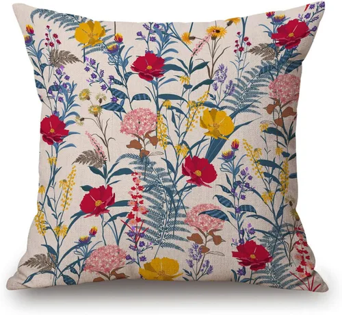 Vista 33 de Solekla Funda de almohada cuadrada de lino y algodón con flores blancas y negras, funda de cojín decorativa para sofá de 18 x 18 pulgadas Sl157