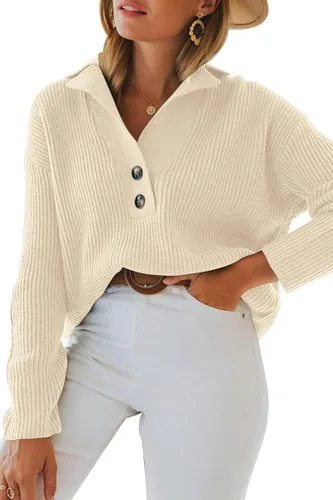 Vista 3 de LILLUSORY Suéteres de cuello en V para mujer 2022 con botones a presión, suéter de punto con cuello plegable, tops Henley