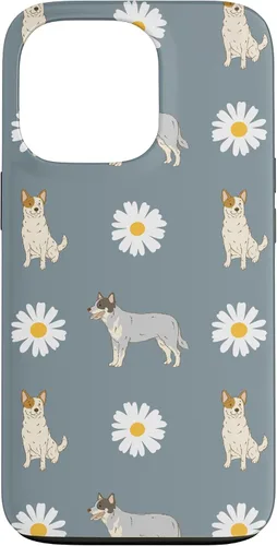 Vista 10 de Funda azul para iPhone 16 con diseño de perro Heeler y margarita azul polvoriento