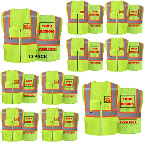 Vista 7 de Chaleco de seguridad reflectante de malla con logotipo personalizado Clase 2 con 5 bolsillos y cremallera