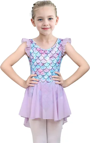 Vista 4 de iLover Vestido de leotardo clásico con mangas con volantes para niñas, para danza, gimnasia y ballet