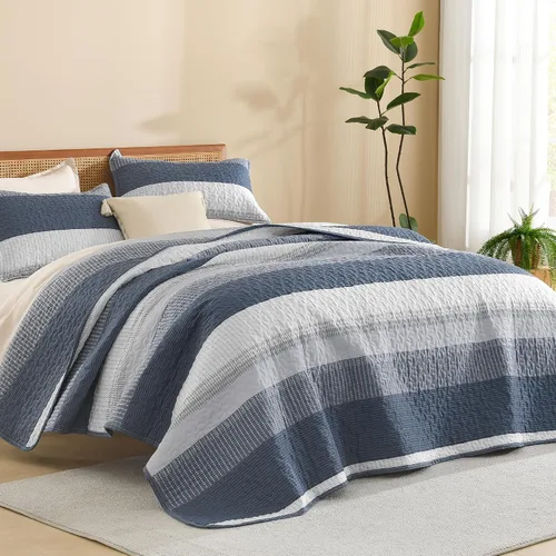Vista 16 de Litanika Edredón tamaño Queen, juego de ropa de cama de 3 piezas a rayas 01 - Blanco y negro