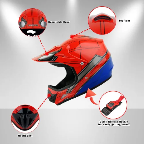 Vista 4 de WOW Casco de motocross para jóvenes, casco MX BMX, tela de araña, gafas + guantes negros de araña marciana, paquete HJOY-W MG