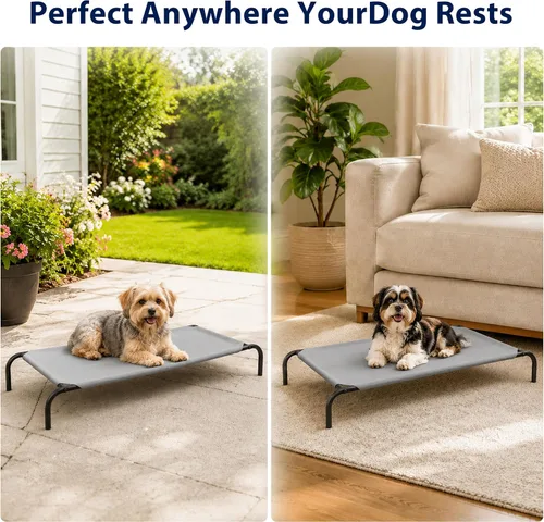 Vista 4 de Cama elevada con marco de acero para mascotas, portátil, fresca y estilo catre Gris