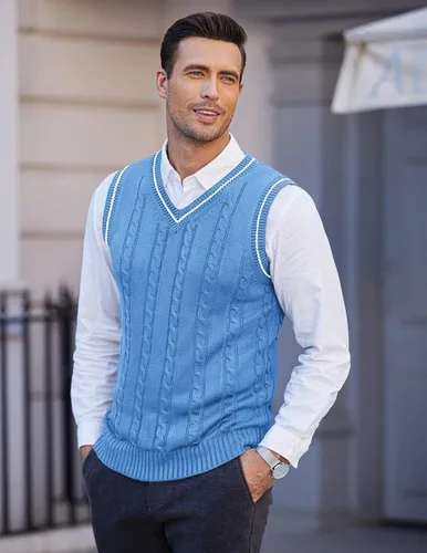 Vista 3 de COOFANDY Suéter para hombre, cuello en V, ajustado, casual, sin mangas, tejido trenzado