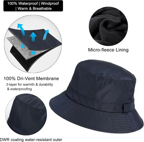Vista 3 de Sombrero de pescador de invierno de gran tamaño XL XXL para hombre, impermeable, con forro polar, senderismo, pesca, al aire libre, clima frío