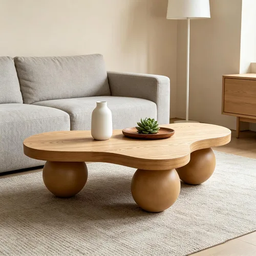 Vista 19 de Mesa de centro Cloud de 47.2 pulgadas con 3 patas de bola, moderna mesa central irregular para sala de estar, mesa de té pequeña baja y bonita