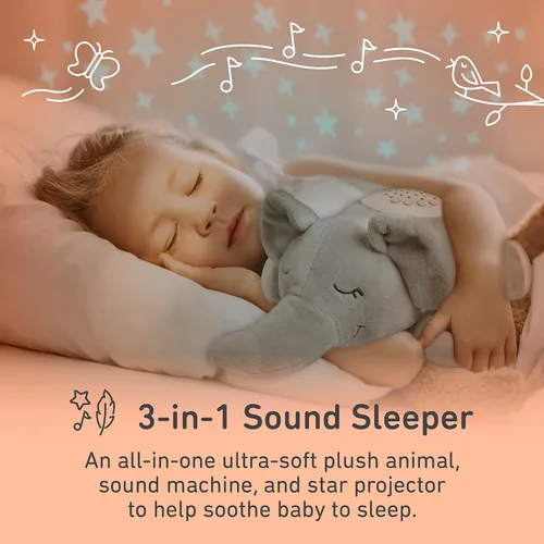 Vista 2 de PureBaby Sound Sleepers Máquina de sonido portátil y proyector de estrellas, ayuda para dormir de felpa para bebés y niños pequeños con pantalla