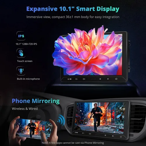 Vista 10 de A5L Estéreo de coche Android de 10.1 pulgadas de doble DIN, CarPlay inalámbrico y Android Auto, DriveChat AI, Salida HDMI, Control IoT, Arranque