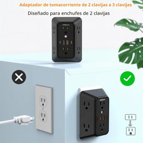Vista 7 de Regleta de pared con cargador USB, protector contra sobretensiones con 4 puertos USB (2 USB C), extensión de enchufe, múltiples salidas, extensión