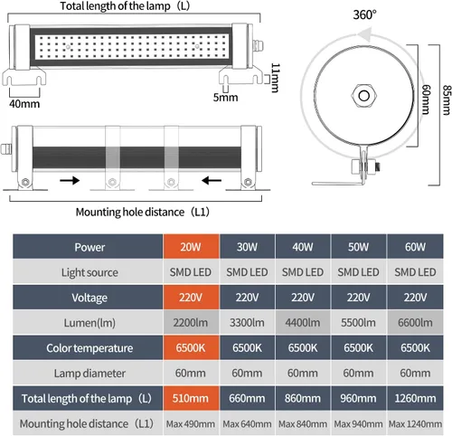 Vista 5 de YouTeMei Luz de la máquina del LED, 20W LED tubo de luz, luz de trabajo a prueba de explosiones 110-220V IP68 impermeable CNC máquina tubo de luz