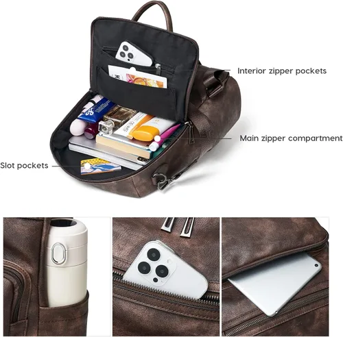 Vista 53 de OPAGE - Mochila de cuero para mujer, con borla de moda, bolso de hombro, mochila grande, bolsa de viaje, gris, L