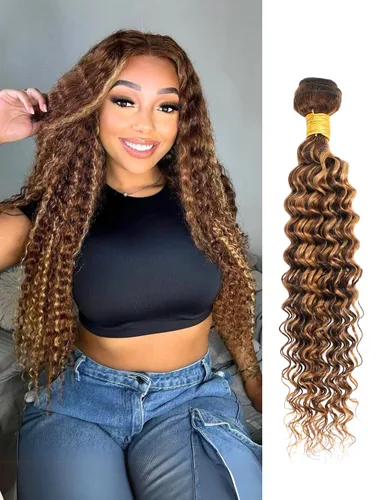 Vista 25 de Cabello Humano Rizado Castaño Rojizo, Trama Gruesa Castaño Cobrizo Rojo Coloreado Ondas Profundas Paquetes Individuales Cabello Humano 12A Tejido