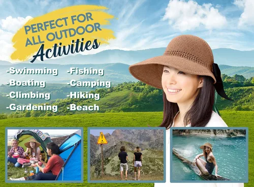Vista 7 de Visera solar de paja para mujer, ala ancha, protección UPF 50+, sombrero de playa, ajustable, plegable, gorra de cola de caballo con correa
