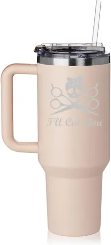 Vista 5 de Vaso de 40 onzas con asa y tapa con pajilla, taza de viaje aislada de acero inoxidable, taza de viaje I'll Cut You Hair Dresser Stylist (negro)