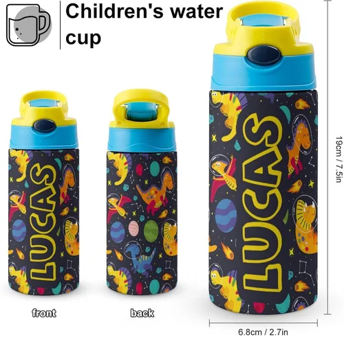 Vista 2 de Artsadd Botella de agua personalizada de dinosaurio para niños, botella de agua con nombre personalizado con pajita, regalo personalizado para niños