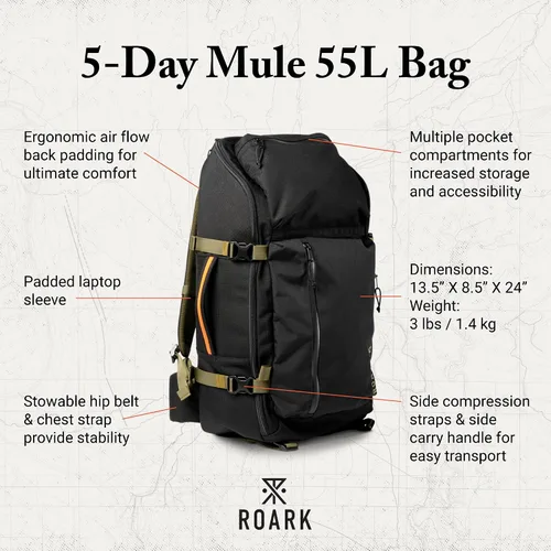 Vista 2 de Roark 5 Day Mule 55L Mochila de viaje de senderismo para hombre Negro
