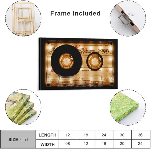 Vista 3 de Lienzo decorativo de cassette retro, regalo en lienzo, arte de pared de gran tamaño, casete de audio brillante, lienzo moderno, lienzo decorativo