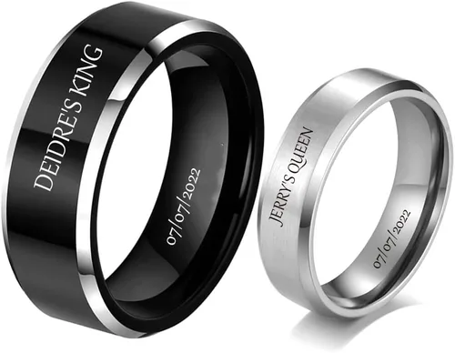 Vista 13 de Anillos a juego personalizados para parejas, anillos de promesa de acero inoxidable para parejas, juego con 2 anillos grabados dentro y fuera