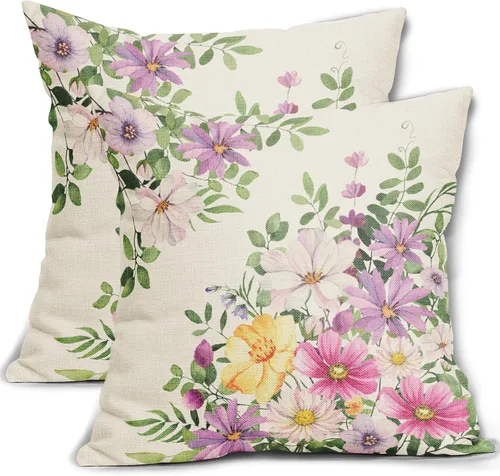 Vista 11 de Juego de 2 fundas de almohada de primavera de 16 x 16 pulgadas, diseño de conejo, flores rosas, hojas verdes salvia, plantas botánicas vintage