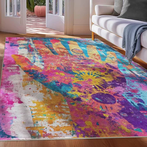 Vista 13 de Well Woven Apollo Abstract Libre - Alfombra plana tejida de pelo bajo, 5 x 7 pulgadas, multicolor abstracto, resistente a las manchas, fácil de A.