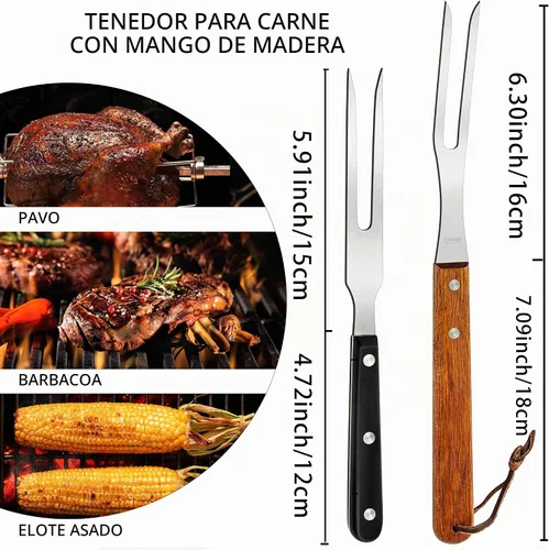 Vista 2 de Ponpon 2 tenedores de carne de acero inoxidable con mango de madera, tenedor de barbacoa para cocinar cocina (2)
