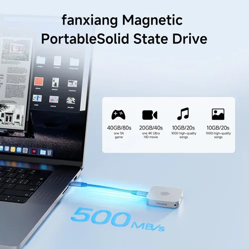 Vista 3 de fanxiang SSD portátil magnético de 2 TB, SSD externo con USB 3.2 Gen 1 tipo C y anillo magnético, almacenamiento compacto para iPhone 16/15