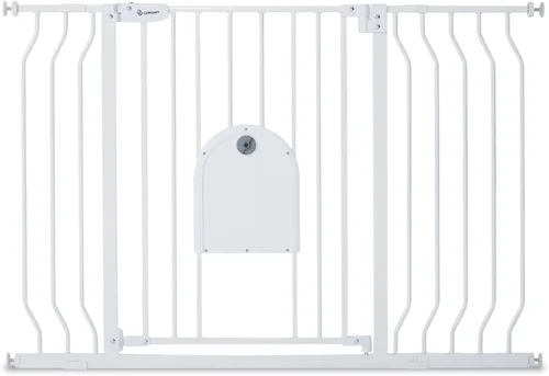 Vista 8 de COMOMY Puerta para mascotas de 29.5-33.4 pulgadas con puerta ajustable para gatos, puerta de metal extra ancha para puertas de escaleras, puerta