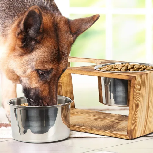 Vista 4 de Cuencos elevados de madera rústica para perros y gatos con dos cuencos de acero inoxidable (marrón)