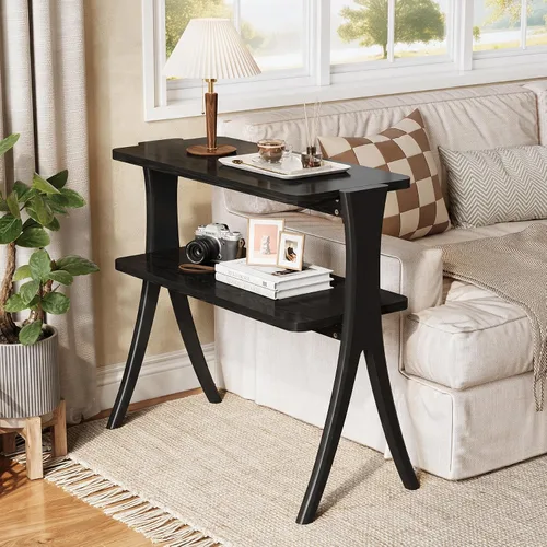 Vista 3 de LITTLE TREE Mesa auxiliar con patas de madera maciza, mesa auxiliar estrecha pequeña de 2 niveles, mesa de granja que ahorra espacio para sala