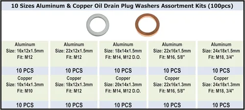 Vista 2 de 100 juntas de tapón de drenaje de aceite de aluminio y cobre de 10 tamaños, kits surtidos de arandelas para M12 M14 M16 M18