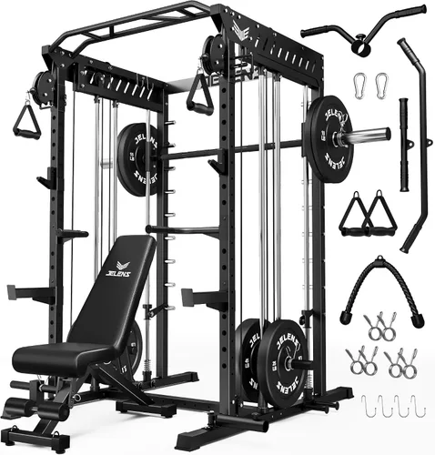 Vista 22 de JELENS M21 - Máquina Smith, jaula de potencia multifunción con sistema de cruce de cable de polea doble, banco de sentadillas todo en uno de 907 kg