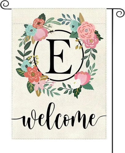 Vista 11 de Bandera de jardín con letra monograma, floral, 12 x 18 pulgadas, doble cara para exterior, pequeña de arpillera, familia, apellido, bandera inicial